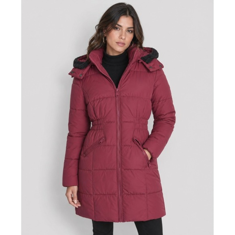 Coach Womens Puffer Coat Burgundy Quilted Hooded Parka Sherpa Trim XS Burgundy